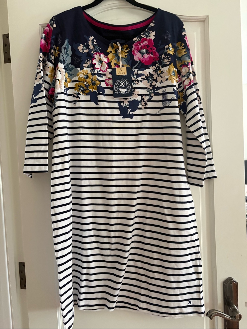 Joules Navy & White Striped Floral Top with Pink and Yellow Accents